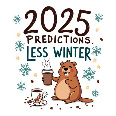 A cheerful groundhog holding a coffee cup announces the 2025 weather prediction clipart