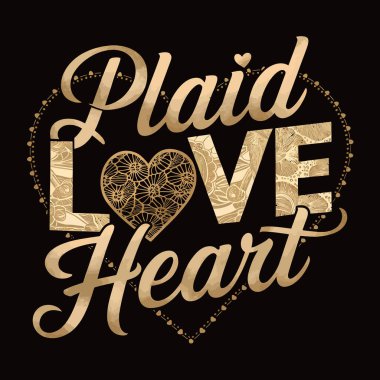 Typography design within a stylish golden font, with intricate floral patterns filling the letters and heart shape clipart