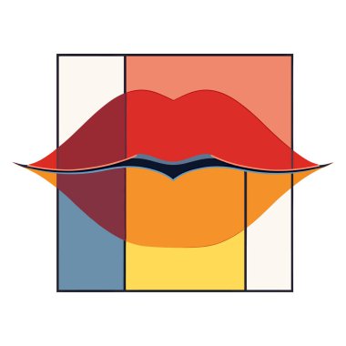 A pair of abstract, colorful lips set against a geometric background clipart