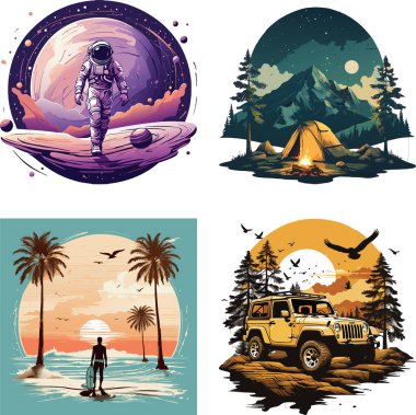 Four T-shirt bundle collection with adventure exploration and nature theme clipart