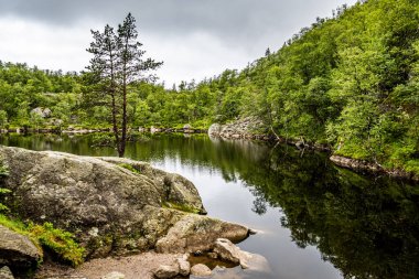 Norveç 'te dağ manzaralı bir göl. İskandinav doğası.