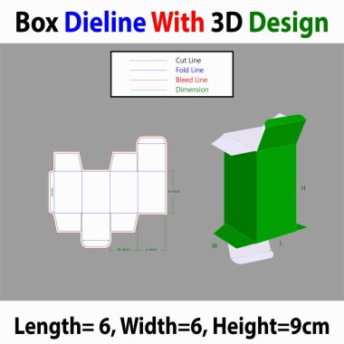 Rivers Tuck sonu Kare Kutusu 6x6x9cm Dieline Şablonu 3d Tasarım