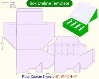 Biscici Kutu L 8, W 4, H 4 inç Dieline Şablonu. Tasarım Düzenlenebilir Vectoe Dosyası