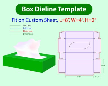 Doku Kutusu L 8, W 4, H 2 inç Dieline Şablonu. Tasarım Düzenlenebilir Vectoe Dosyası