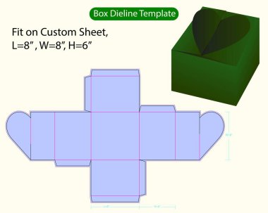 Flap Hediye Kutusu L 8, W 8, H 6 inç Dieline Şablonu. Tasarım Düzenlenebilir Vectoe Dosyası
