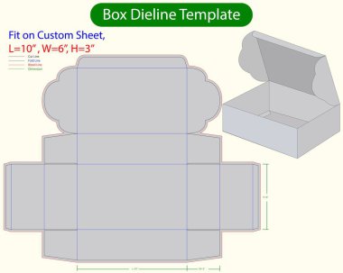 Yuvarlak Kanat Hediye Kutusu L 10, W 6, H 3 inç Dieline Şablonu. Tasarım Düzenlenebilir Vectoe Dosyası