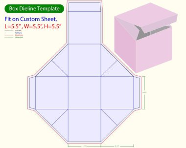5.5 inçlik kare kutu 45 inçlik digri açılı tutkal Dieline Şablonu. Tasarım Düzenlenebilir Vectoe Dosyası