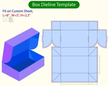 Hediye Kutusu L 8, W 5, H 2.5 inç Dieline Şablonu. Tasarım Düzenlenebilir Vectoe Dosyası