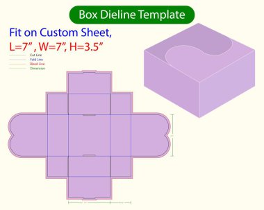 Shape Flap hediye kutusu L 7, W 7, H 3.5 inç Dieline şablonu. Tasarım Düzenlenebilir Vectoe Dosyası