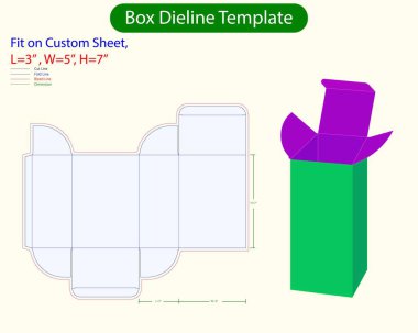 Rivers Tuck End Kutusu L 5, W 3, H 7 inç Dieline Şablonu. Tasarım Düzenlenebilir Vectoe Dosyası