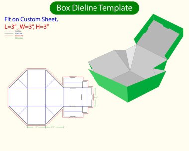 JuilJanuary Angle Flap Box Square 3 inç Dieline Şablonu. Tasarım Düzenlenebilir Vectoe Dosyası
