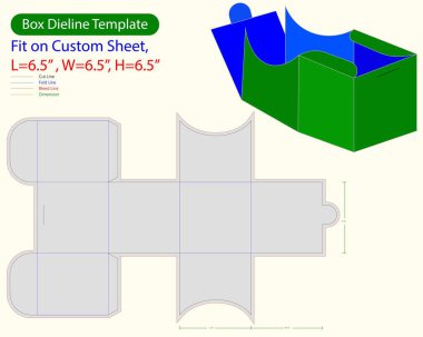 Ön kilit kutusu L 6.5, W 6.5, H 6.5 inç Dieline şablonu. Tasarım Düzenlenebilir Vectoe Dosyası