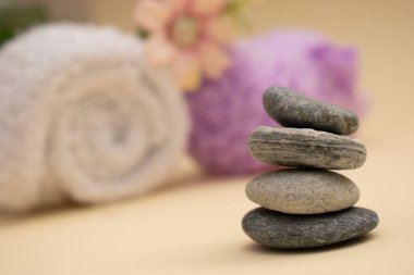 Yumuşak rulo havlular ve arka planda pastel çiçeklerle düzenlenmiş koyu renk spa taşları. Sıcak bej ayarı sakin ve huzurlu bir ortam yaratır. Sağlık, kaplıca ya da meditasyon için mükemmel..