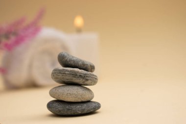 Yumuşak rulo havlular ve arka planda pastel çiçeklerle düzenlenmiş koyu renk spa taşları. Sıcak bej ayarı sakin ve huzurlu bir ortam yaratır. Sağlık, kaplıca ya da meditasyon için mükemmel..