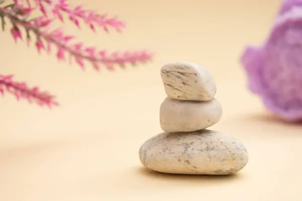 Yumuşak rulo havlular ve arka planda pastel çiçeklerle düzenlenmiş koyu renk spa taşları. Sıcak bej ayarı sakin ve huzurlu bir ortam yaratır. Sağlık, kaplıca ya da meditasyon için mükemmel..