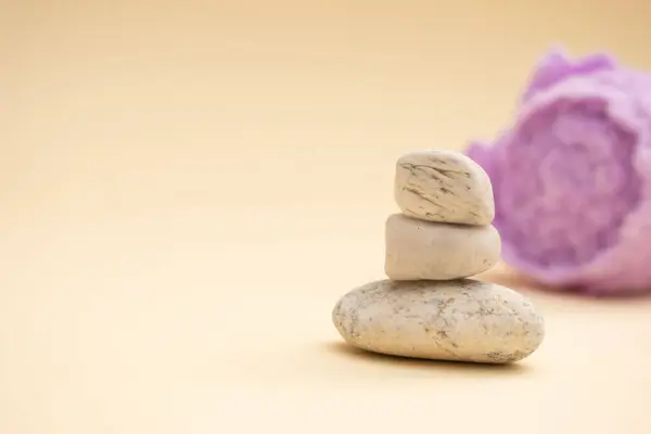 Yumuşak rulo havlular ve arka planda pastel çiçeklerle düzenlenmiş koyu renk spa taşları. Sıcak bej ayarı sakin ve huzurlu bir ortam yaratır. Sağlık, kaplıca ya da meditasyon için mükemmel..