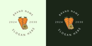 Elle çizilmiş bir havuç ve limon çizimi, organik gıda logosu şablonu olarak tasarlanmış. Bu taze ve doğal amblem sağlıklı gıda konseptleri ve sebze bazlı ürünler için mükemmeldir.