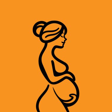 Sarı arka planda doğrusal simge logosu olan hamile bir kadın. Vektör illüstrasyonu.