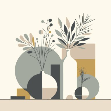 Düz tasarım modern vektör illüstrasyon konsepti vazo ve şişelerle iç mekan