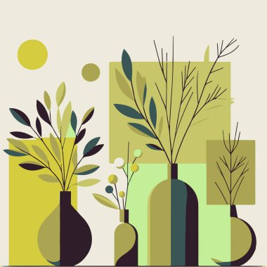 Vazodaki bir dizi soyut bitkinin vektör çizimi