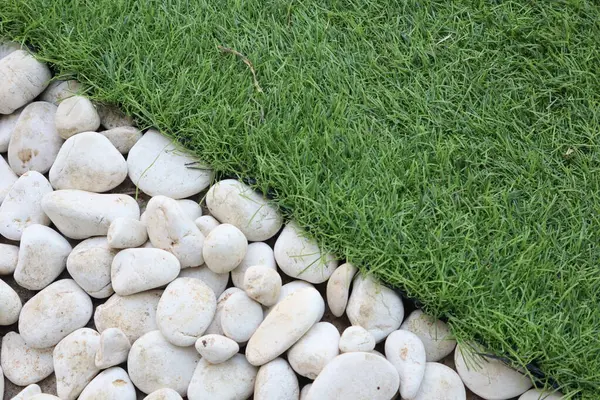 Sokakta beyaz taşlar ve çimenler