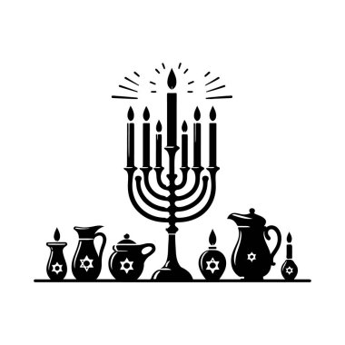 Hanukkiah menorah ve mum siluet vektör tasarımı