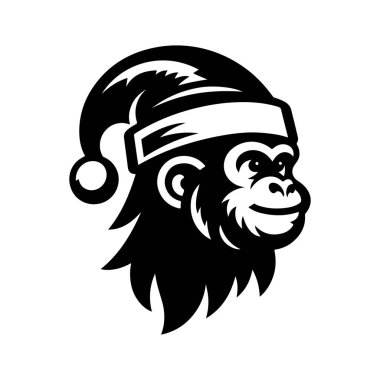 Monochrome Monkey with Santa hat isolated on white background clipart