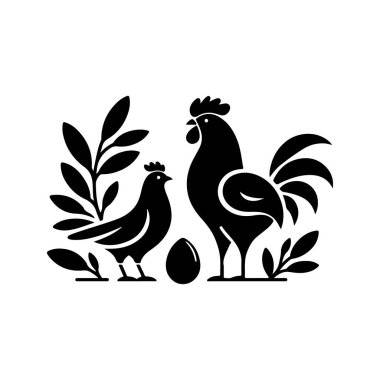 A  minimalist chicken and rooster vector silhouettes with  a white background clipart