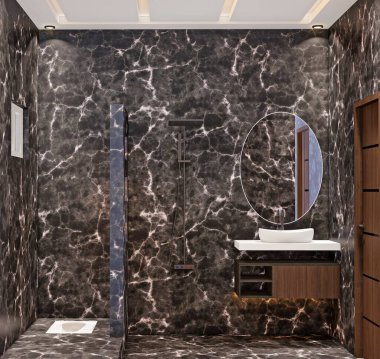 Stunning Luxurious Bathroom with Dark Marble Accents and Modern Vanity clipart