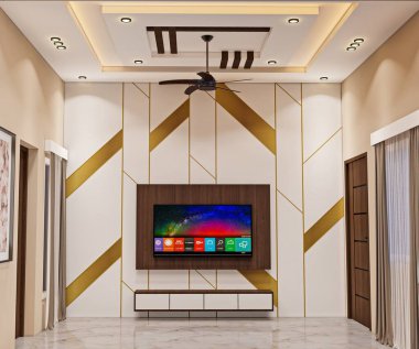 Modern Dekor ve TV Odak Noktalı Canlı Oturma Odası Canlı TV Gösterimi ve Şık Dekorasyonlu Çağdaş Yaşam Alanı