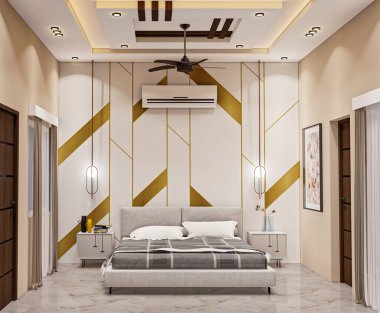 Modern Bedroom Showcasing Chic Geometric Accent Wall and Contemporary Furnishings Elegant Bedroom Highlighting Geometric Accent Wall and Modern Furnishings clipart