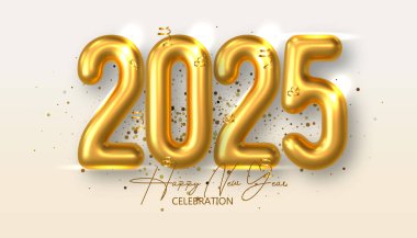 Yeni yılınız kutlu olsun. 2025 kutlamaları, takvim ve poster için gerçekçi, zarif, altın bir numara.