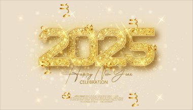 Yeni yılınız kutlu olsun. 2025 kutlamaları, takvim ve poster için gerçekçi, zarif, altın bir numara.