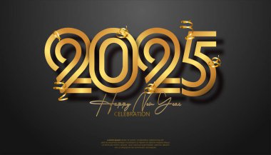 Yeni yılınız kutlu olsun. 2025 kutlamaları, takvim ve poster için gerçekçi, zarif, altın bir numara.