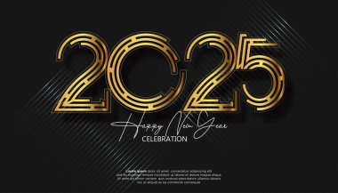 Yeni yılınız kutlu olsun. 2025 kutlamaları, takvim ve poster için gerçekçi, zarif, altın bir numara.