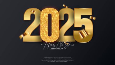 Yeni yılınız kutlu olsun. 2025 kutlamaları, takvim ve poster için gerçekçi, zarif, altın bir numara.