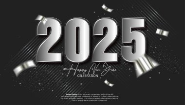 Yeni yılınız kutlu olsun. 2025. Kutlama partisi, takvim ve poster için gerçekçi gümüş konfeti dekorasyonu zarif bir parça.