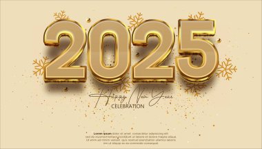 Yeni yılınız kutlu olsun. 2025 kutlamaları, takvim ve poster için gerçekçi, zarif, altın bir numara.