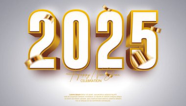 2025 yılınız kutlu olsun. 2025 kutlamaları, takvim ve poster için, gerçekçi, gerçekçi, zarif bir parça.