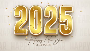 Yeni yılınız kutlu olsun. 2025 kutlamaları, takvim ve poster için gerçekçi, zarif, altın bir numara.