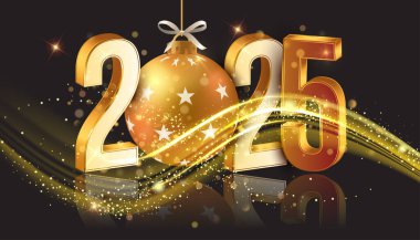 Yeni yılınız kutlu olsun. 2025 kutlamaları, takvim ve poster için zarif bir parçayla gerçekçi Noel süslemesi.