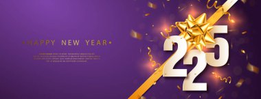 2025 yılınız kutlu olsun. 2025 kutlamaları, takvim ve poster için altın kurdeleli şenlikli gerçekçi dekorasyon.