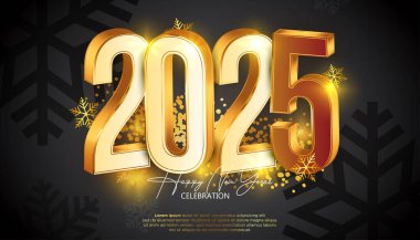Mutlu yıllar 2025. Kutlama 2025 yeni yılı 3D altın rakamlarla kutluyoruz. Moda ve modern tasarım