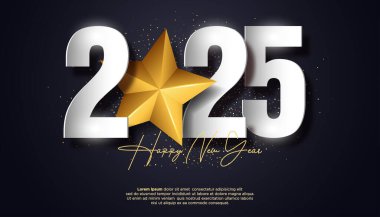 Yeni yılınız kutlu olsun. 2025 Kutlama Partisi, takvim ve poster için yıldızlı şenlikli gerçekçi dekorasyon.