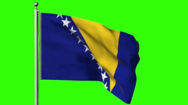 Bosna ve Herzegovina 'nın ulusal kumaş ve bayrağının mavi gökyüzü ve yeşil gökyüzünün önündeki bayrak direğinde 3 boyutlu resmedilmesi.
