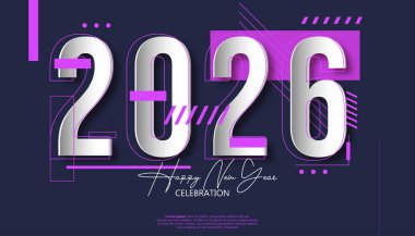 2026 Yeni Yıl Kutlama Tasarımı Beyaz Sayılar Mor Geometrik Şekiller