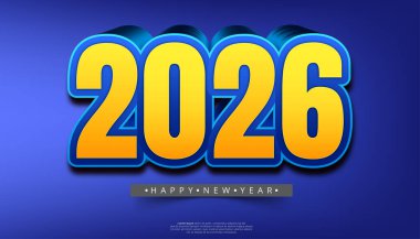 2026 Mutlu Yıllar Sarı ve Mavi 3 Boyutlu Tasarım Numarası Typography