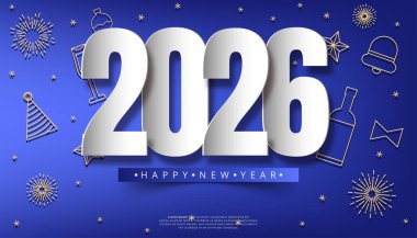 2026 Mutlu Yıllar tebrik kartı mavi arkaplanlı beyaz 3D sayılar ve şenlik simgeleri