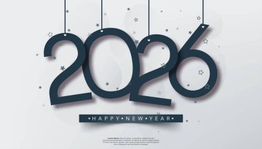 Koyu Gri 2026 Yeni Yıl Tasarımı Yıldızlarla Asılı Sayılar Kutlama Tatili