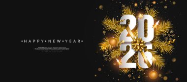 Köknar dalları ve süslemeleri olan 2026 Yeni Yıl Altın ve Beyaz Tasarımı